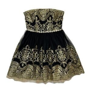 Jodi Kristopher Sleeveless Tulle Bouffant Dress Black Gold Embroidered Women's 7